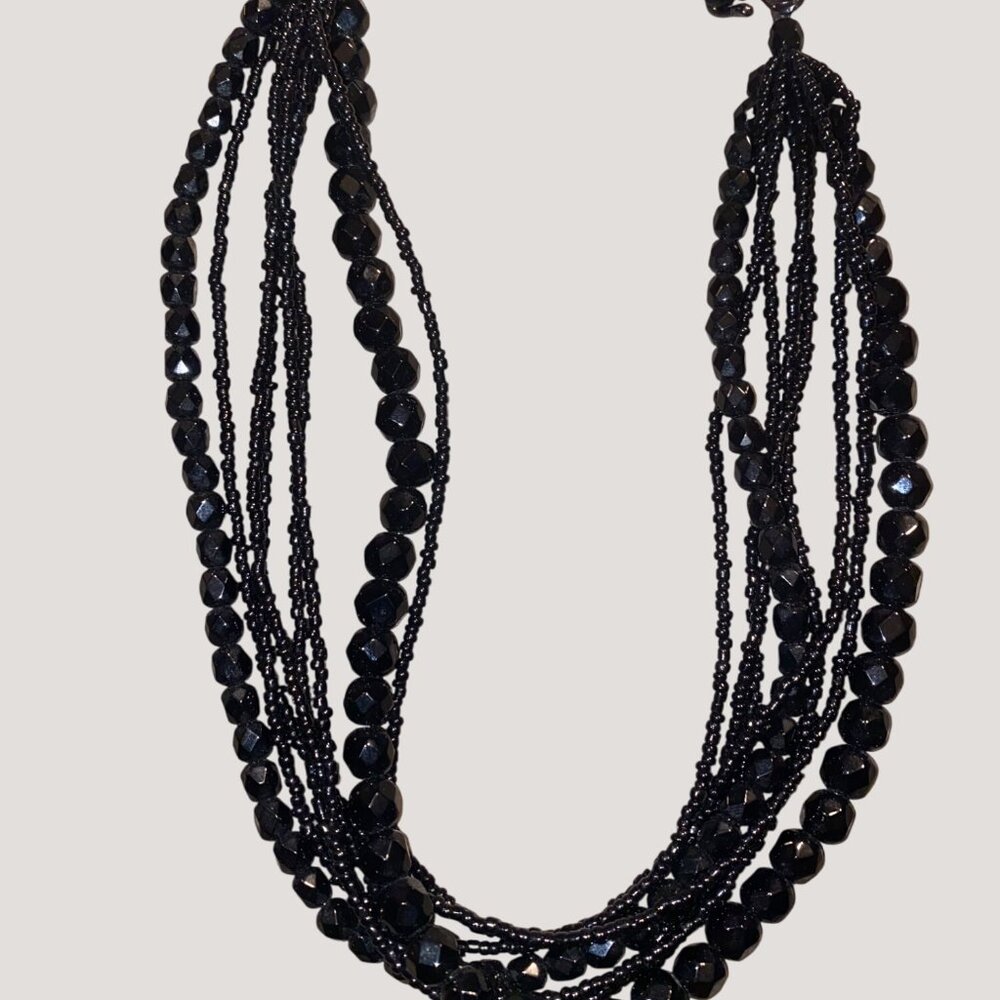 Necklace Glass 8 Multi Strand Size Black Seed Beaded Faceted Larger Hoop Clasp